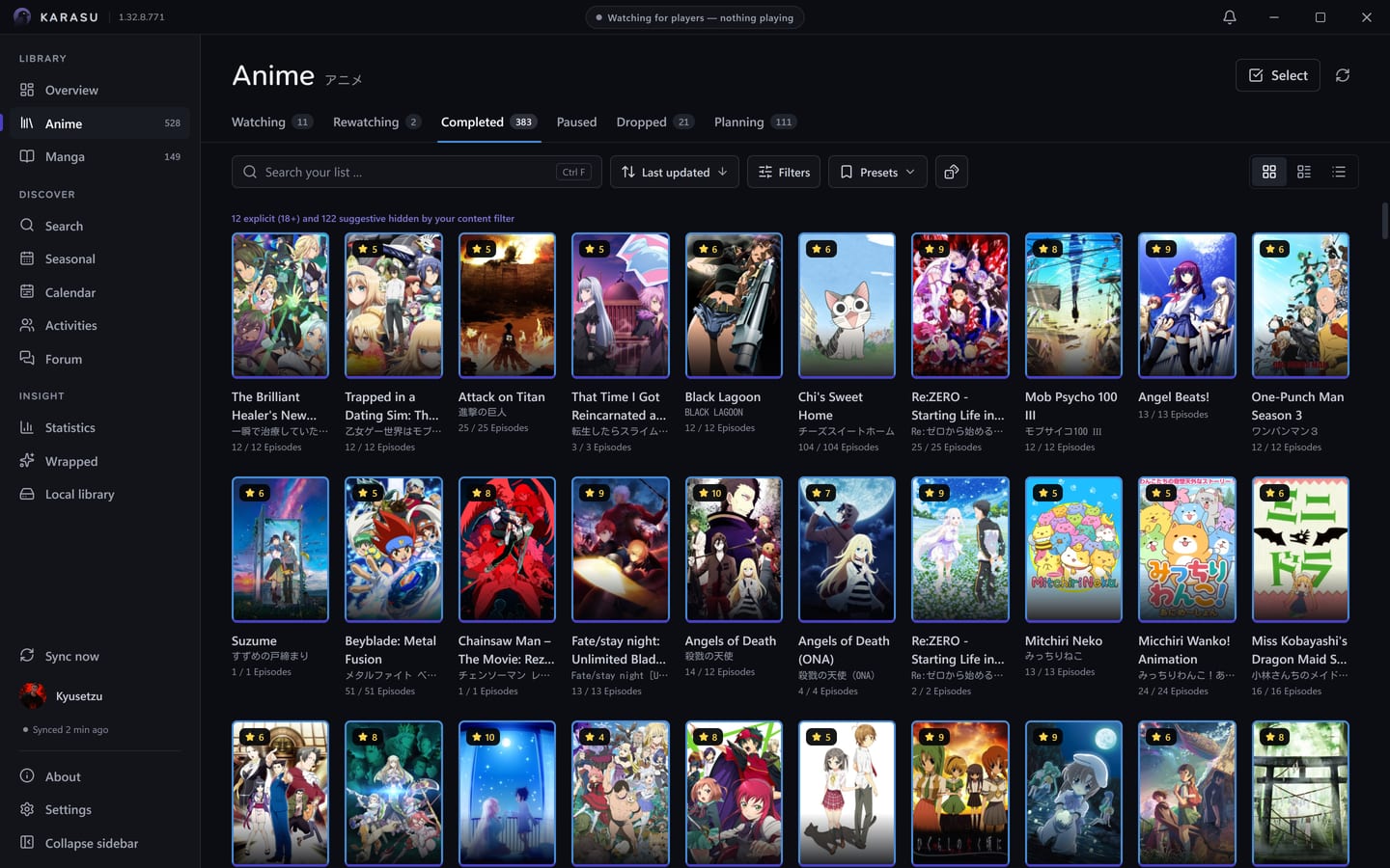 The anime list as a cover grid, with status tabs, a search field, sort, filters and presets above it.