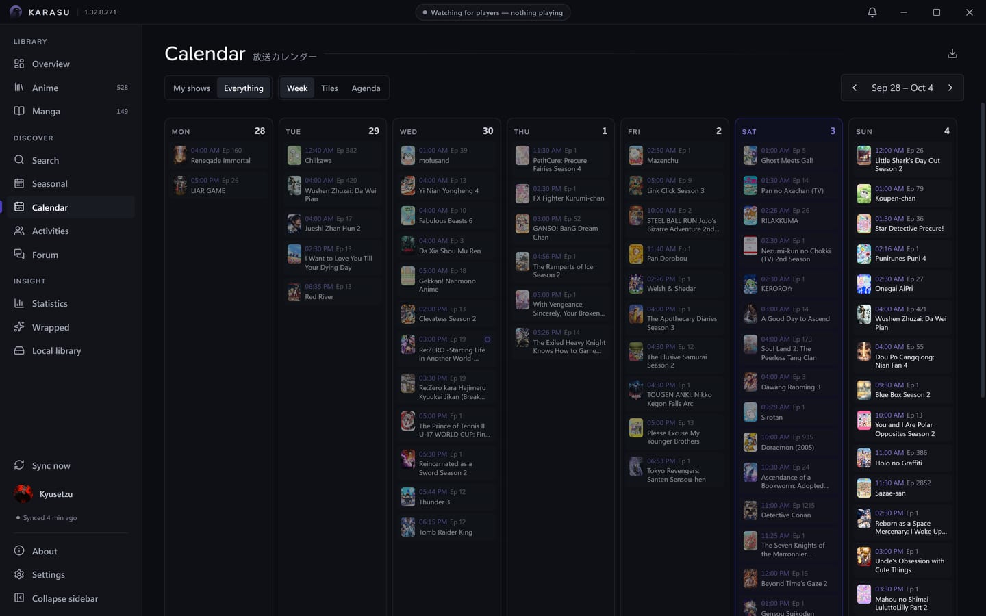 The Calendar page shows the week's airing episodes on a Monday-first grid.