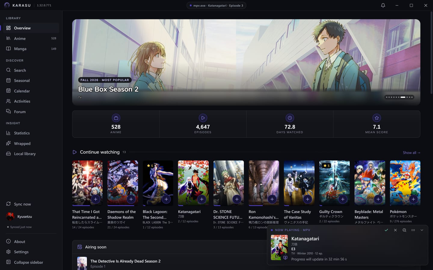 The Now Playing window floating over the Overview: the cover of Katanagatari, episode 3 playing in mpv, the progress update counting down, and the update, skip and fix-match buttons in its header.