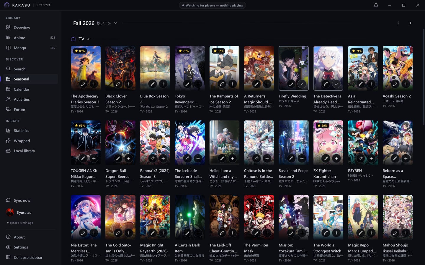 The Seasonal page shows one season's titles in a grid, with the season switcher above it.